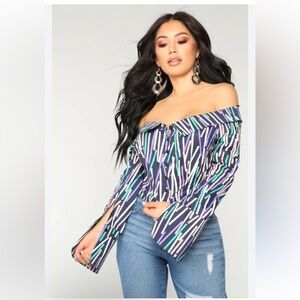 80’s styled retro glam off the shoulder Women's Button Down Shirt -confetti